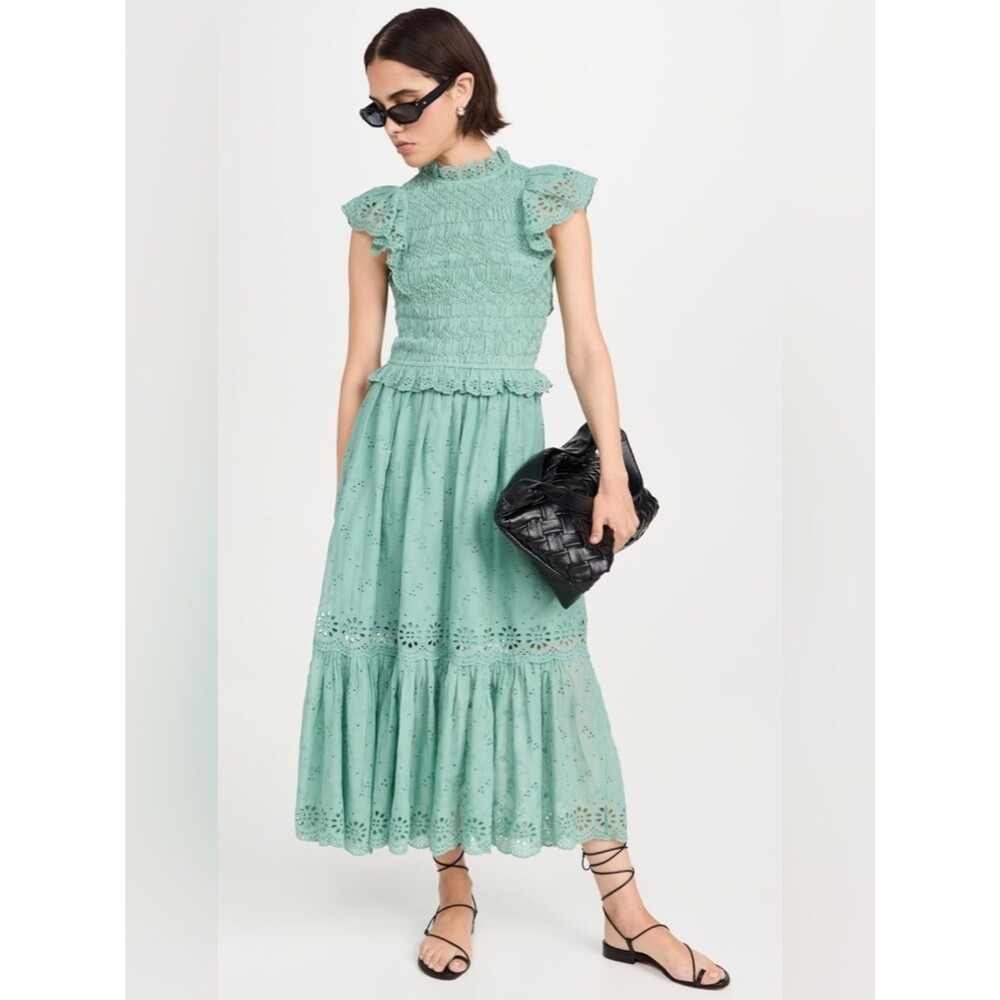 Sea New York Veronique Embroidery Flutter Dress in Sage Green XL